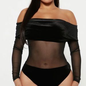 Black Velvet Mesh Long Sleeve Bodysuit